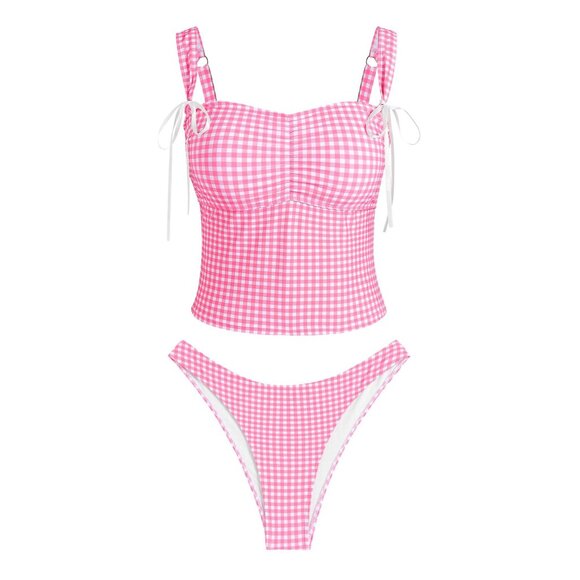 Zaful Other - Women's Gingham Ruched Bowknot Decor Cinched Back Tankini Set (Size L 8-10)